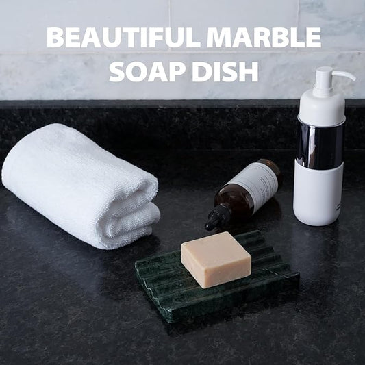 Marble Soap Dish, Soap Holder for Shower, Green Bar Soap Holder with Water Ripple Design, Easy Cleaning Stone Soap Saver for Kitchen Sink,Bathroom, Executive Indian Natural Stone Soap Tray