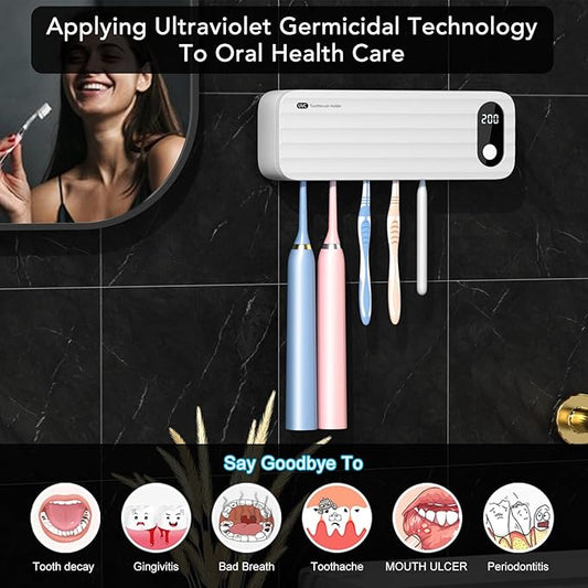 StarWin Toothbrush Cleaner, 5 Slots Wall Mounted Toothbrush Holder for Bathroom, Timer Function, Cordless & No Drilling