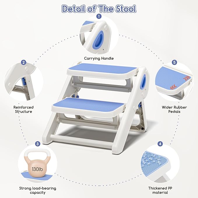 Foldable Toddler Step Stool for Bathroom Sink - 2-Step Kids Stool for Potty Training, Kitchen Counter & Bedroom, Sturdy Non-Slip Child Safety Stool Helper