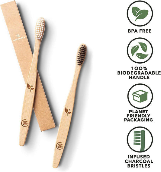 Greenzla Bamboo Toothbrushes for Adults – 12 Pack Wooden Toothbrush Set with Charcoal-Infused Soft Bristles, Natural Oral Care for Daily Use
