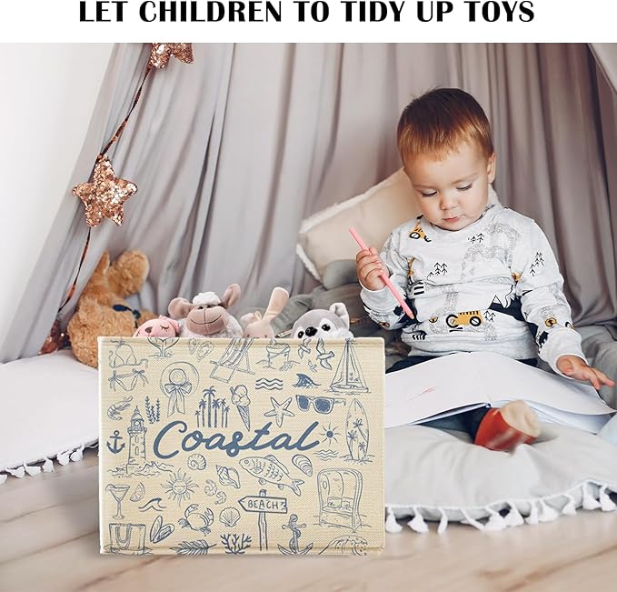 Beach Sea Storage Basket Organizer Bins With Handles,Summer Coastal Rustic Starfish Organizing Decorative Storage Basket,Collapsible Closet Shelf Cloth Organizer Basket for Bedroom Bathroom