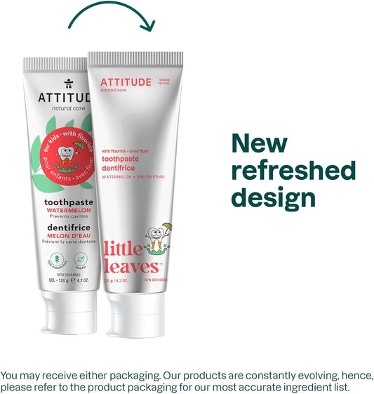 ATTITUDE Toothpaste with Fluoride, Prevents Tooth Decay and Cavities, Vegan, Cruelty-Free and Sugar-Free, Watermelon, 4.2 Oz