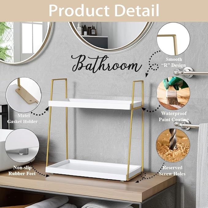 Bathroom Countertop Organizer, Counter Organizer for Modern Farmhouse Decor, Wooden Vanity Shelf for Makeup Storage, 2 Tier Stand Bathroom Tray for Perfume, Lotion Bottle, Toiletries, Plants