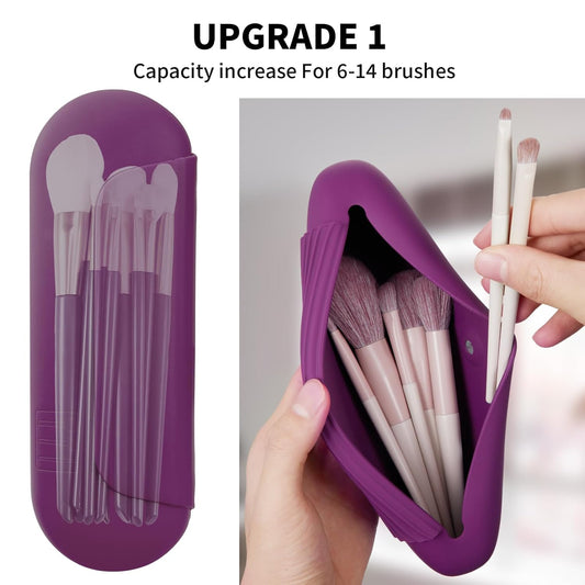Silicone Makeup Brush Holder Travel Cosmetic Bag:Soft Portable Cosmetic Face Brushes Holder with Upgrade Anti-Fall Out Magnetic Closure, Large Travel Makeup Brush Case - Dark Pruple