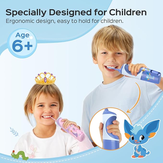 COSLUS Cordless Water Flosser for Kids, Cute Water Dental Pick for Teeth, Braces, Gums Care - 4 Modes for Users Ages 6+, Safe & Gentle, Rechargeable, Waterproof, Portable for Travel, Blue White, C31