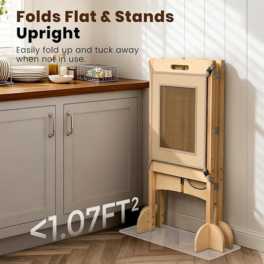 Toddler Tower Foldable Toddler Kitchen Stool Helper with 2 Step Stool, Safety Net, Adjustable Height, Chalk-Whiteboard& Montessori Activity