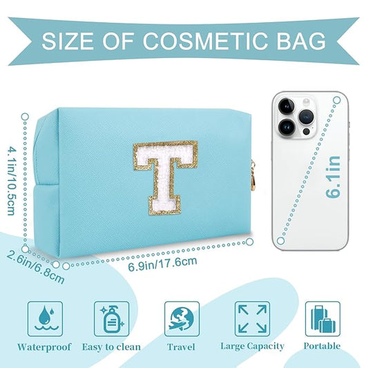 Small Personalized Initial A-Z Preppy Patch Makeup Bag,PU Chenille Letter Travel Cosmetic Pouch with Zipper,Blue Cute Toiletry Bag,Gift Ideal for Teen Girls Women Teacher Bridesmaid,Letter T