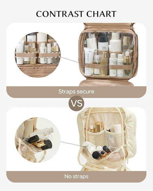 EACHY Travel Toiletry Bag with Hanging Hook, Portable Makeup Cosmetic Bags for Women, Water-Resistant Full-Size Travel Accessories (Pink)