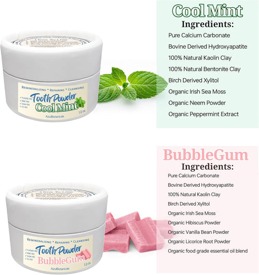 Remineralizing & Cleansing Tooth Powder, Cool Mint. Fluoride Free, SLS Free, Nano Free for Organic Oral Wellness (1 Ounce (Pack of 2), Mint & Bubblegum)
