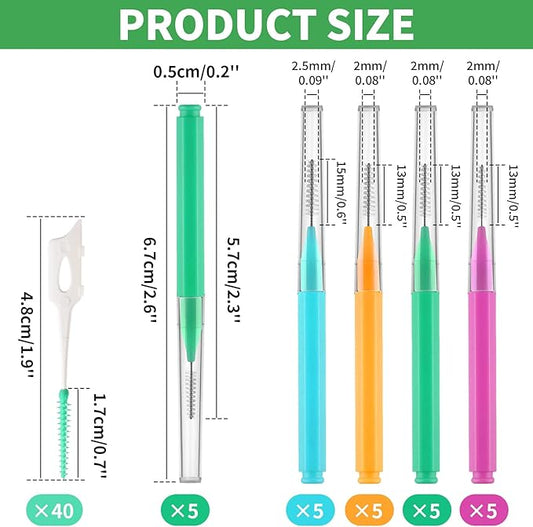 Interdental Brush, 60Pcs Soft Braces Brush Set, 20Pcs Tooth Flossing Head for Oral Hygiene Tooth Cleaning with 40pcs Disposable Braces Flossers Tooth Cleaning Tool (Stylish Colors,Multiple Sizes)