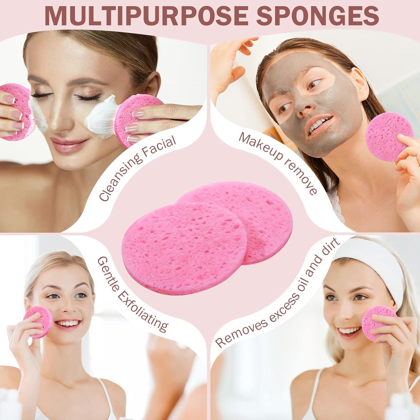 300 Count Compressed Facial Sponges Natural Face Sponges for Cleansing Disposable Facial Exfoliating Pads for Estheticians(Pink)