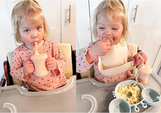 PandaEar Silicone Training Cup, 2 Pack Baby Drinking Sippy Cups with Handles & Straw for Baby and Toddler 6 Months+ (Pink&Grey)