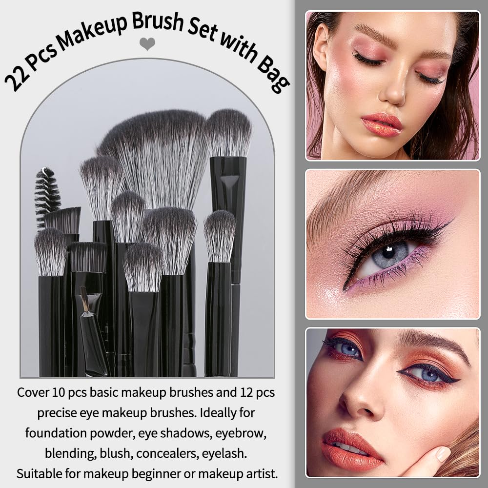 MAGEFY Makeup Brush Set, 22 Pcs Premium Synthetic Makeup Brushes Foundation Eyeshadow Brush Powder Blush Concealers Brush Set Travel Makeup Brushes with Case(Black)