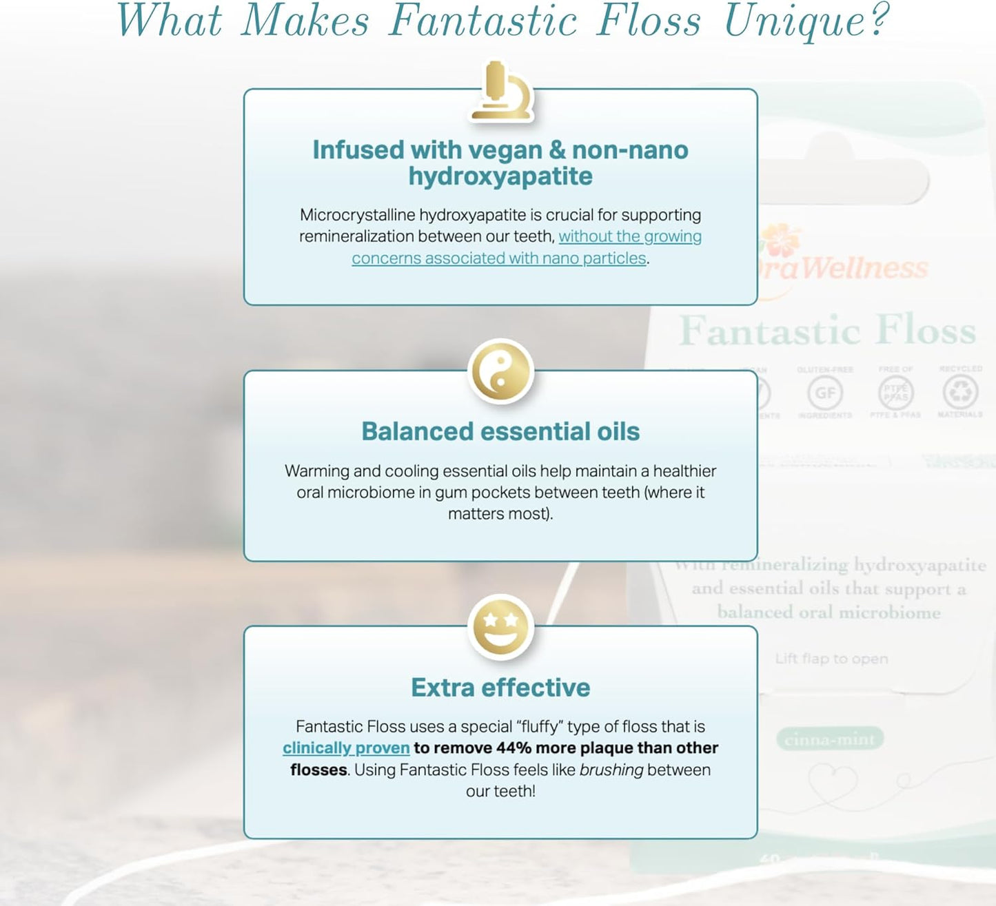 OraWellness Fantastic Floss, Waxed Dental Floss with Hydroxyapatite for Tooth & Gum Repair, Shred Resistant, Gentle & Expanding Alternative to Floss Picks, Pack of 1