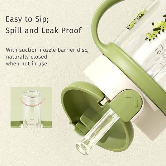 Evorie Tritan Spill Proof Toddler Straw Sippy Cup, 10 oz for Baby and Toddlers 1-3 Years Old, No Spill Straw Water Bottle with Removable Handles, Ideal for School, BPA-Free, Green Dino (NEW)