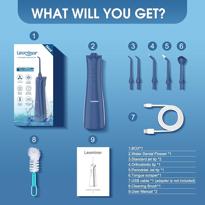 Leominor Water Flosser - 5 Modes Cordless Portable Oral Irrigator, IPX7 Waterproof, Rechargeable Teeth Cleaner Professional Flossing Cleaning Pick for Home Travel (D Blue)
