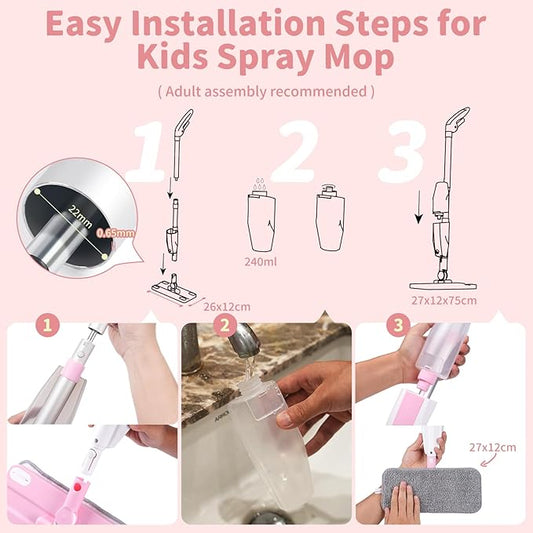 Kids Spray Mop,Fun & Functional Toddler Cleaning Set,Real Working Mop for Floors,Pretend Play – Includes Spray Bottle, 2 Washable Microfiber Pads, Montessori Kids Cleaning Toy Set -Pink
