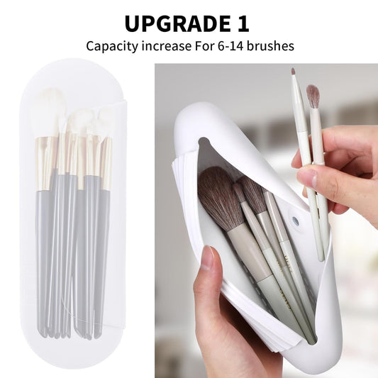 Silicone Makeup Brush Holder Travel Cosmetic Bag:Soft Portable Cosmetic Face Brushes Holder with Upgrade Anti-Fall Out Magnetic Closure, Large Travel Makeup Brush Case - White