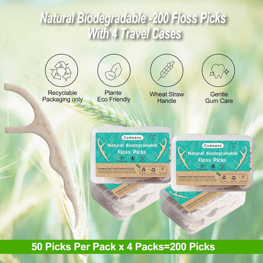 Wheat Straw Biodegradable Dental Floss Picks,200 Counts Natural Handle Tooth Flossers Sticks Oral Care,Keep Clean with 4 Travel Handy Cases