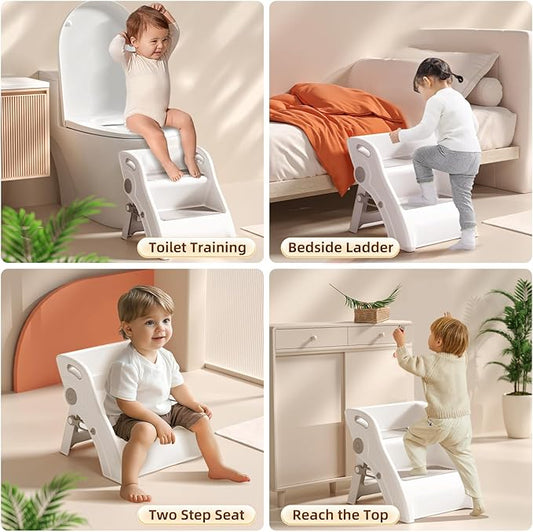 Step Stool for Toddlers – Foldable Toddler Step Stool for Bathroom Sink, 100lbs Load Bearing Non-Slip Kids Stool with Handles and Anti-Tip Design - Potty Training Stool for Ages 2+ (1.Grey)