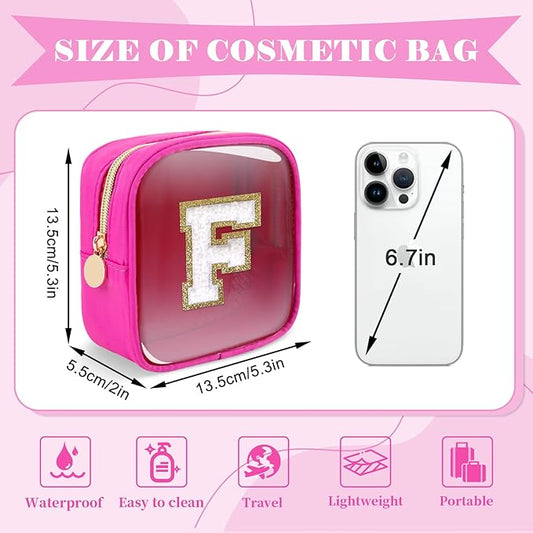 Personalized Initial Letter Clear Preppy Makeup Bag,Mini Nylon Chenille Letter Cosmetic Bag Cute Zipper Pouch Coin Purse for Teen Girls,Portable TSA Approved Travel Essentials Bag Gift for Women,F