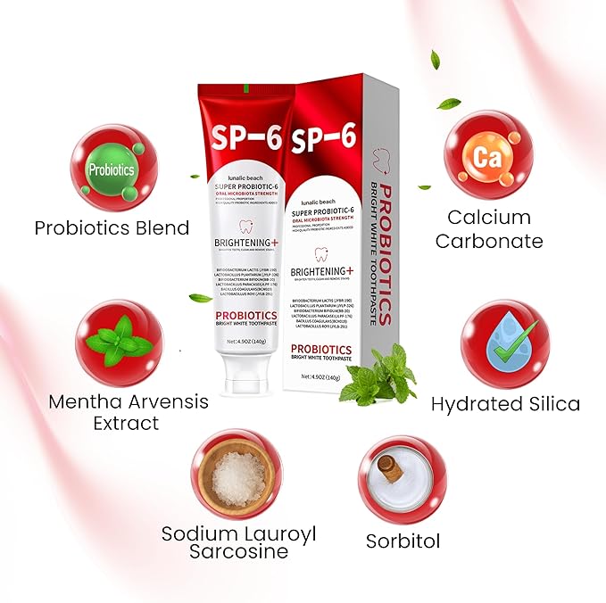 2PCS SP 6 Toothpaste for Teeth Brightening & Fresh Breath, 6 Probiotics Formula for Gum Health, Fluoride-Free, Mint Fresh Flavor, 4.9 oz (3, Mint)