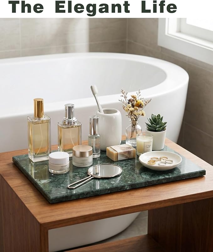 100% Natural Green Marble Tray, Luxury Stone Vanity Organizer for Perfume & Jewelry, Dark Green Decorative Marble Slab for Bathroom or Coffee Table, 12×8 Inch, Non-Resin