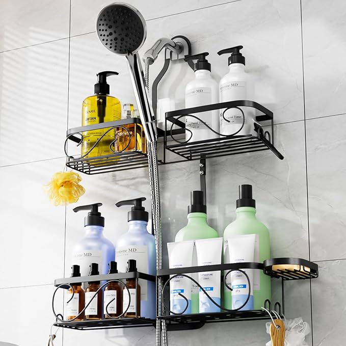 Kadolina Shower Caddy Hanging for Handheld Showerheads, Rustproof Stainless Steel Shower Organizer, Bathroom Organizer Rack with Soap Dish and Hooks for Razor/Sponge, Black