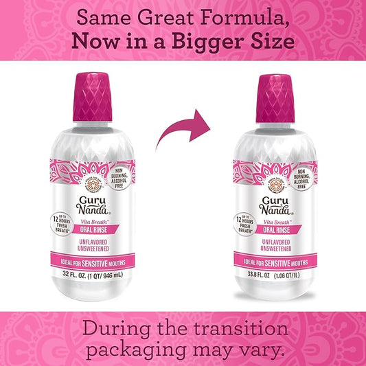 GuruNanda Alcohol-Free Mouthwash, Unflavored & Unsweetened, Gentle on Sensitive Mouths, 12-Hour Fresh Breath, No Artificial Additives, Made in The USA, 33.8oz