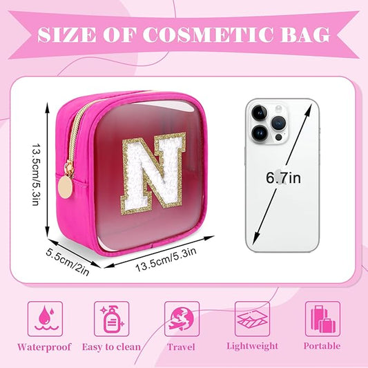Personalized Initial Letter Clear Preppy Makeup Bag,Mini Nylon Chenille Letter Cosmetic Bag Cute Zipper Pouch Coin Purse for Teen Girls,Portable TSA Approved Travel Essentials Bag Gift for Women,N