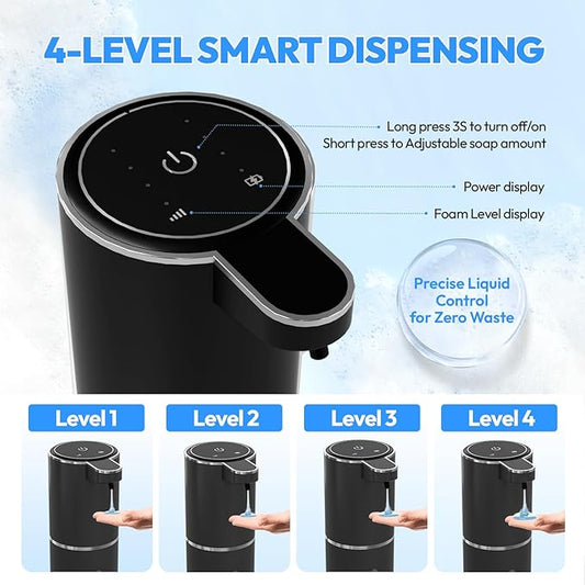 Automatic Soap Dispenser Touchless,Liquid Hand Soap Dispenser 12.8oz USB 4levels Adjustable Dispenser Electric Wall Mounted Smart for Bathroom and Kitchen Dish Soap,Easy for Toddlers(Black)