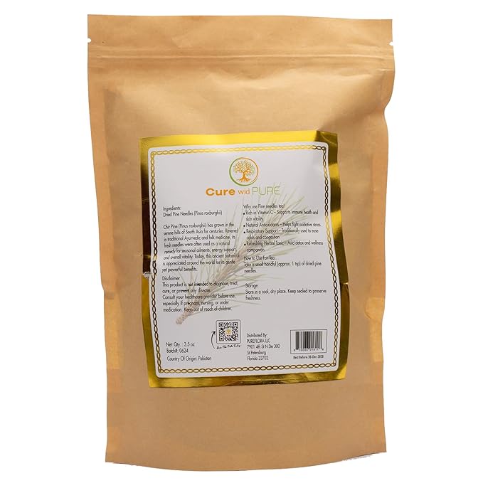 Cure Wid Pure Pine Needle Tea 3.5 Oz – 50 Cups Pine Tea – Wild Harvested from Pakistan in Eco-Friendly Resealable Pouch | Aromatic & Soothing Caffeine-Free Herbal Tea, Antioxidant & Immune Support