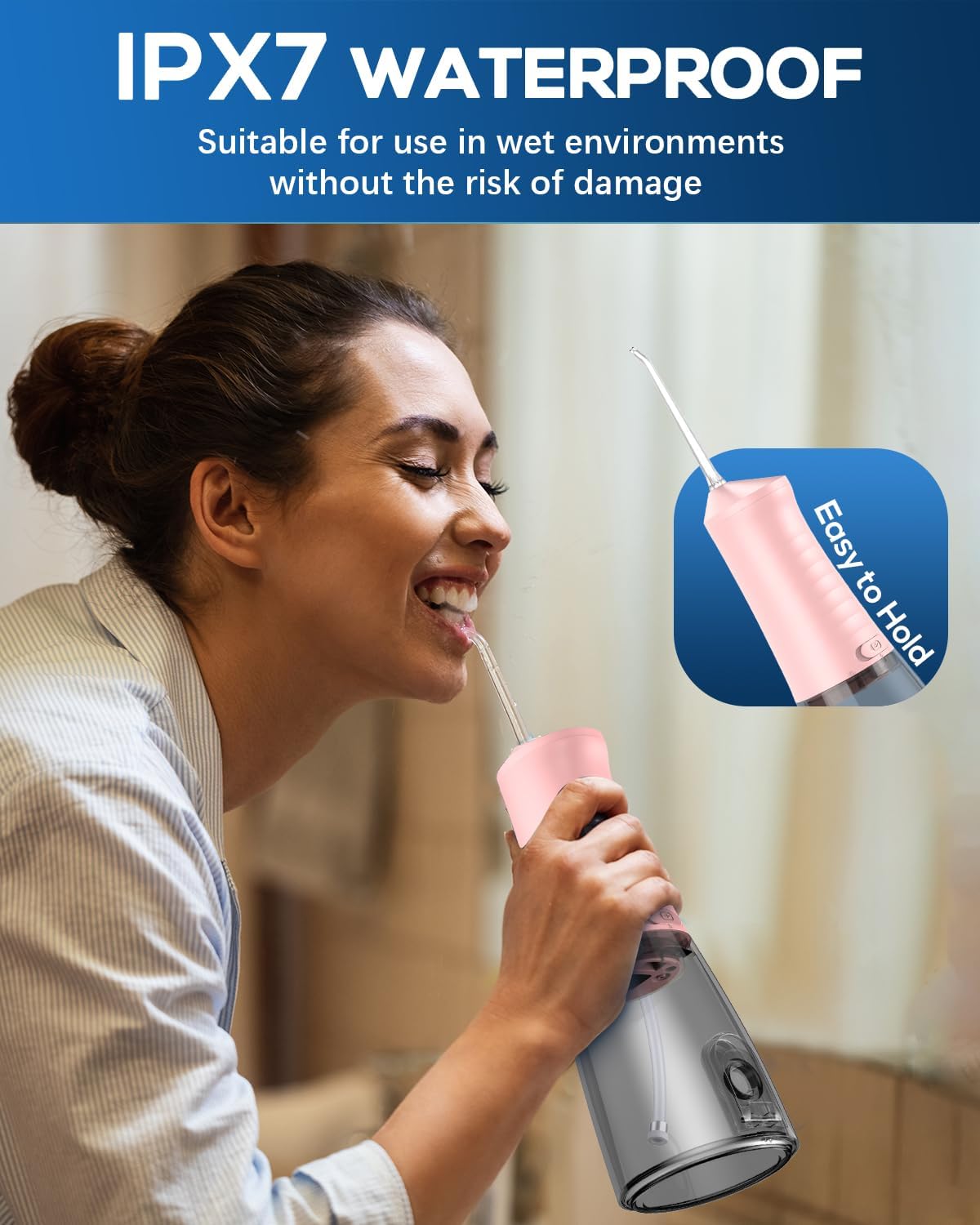 JTF Water Dental Flosser Picks for Teeth - 4 Modes Cordless Oral Irrigator, 300ML Portable Water Flosser & Rechargeable IPX7 Waterproof Water Teeth Cleaner for Home Travel with 9 Jet Tips (Pink)