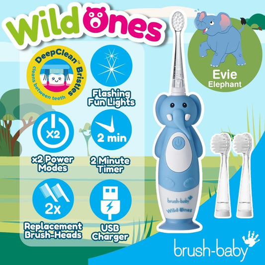 brush-baby WildOnes Kids Electric Rechargeable Toothbrush Elephant, 1 Handle, 3 Brush Heads, USB Charging Cable, for Ages 0-10 (Elephant)