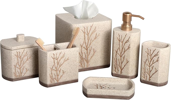 Decozen Bathroom Accessories Set – Soap Dispenser, Toothbrush Holder, Tumbler, Soap Dish, Cotton Swab Jar & Toilet Brush – Modern Bathroom Decor Set 6-Pcs (Kent)