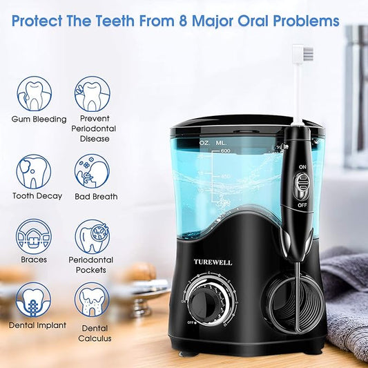 TUREWELL FC162 Water Dental Flosser for Teeth/Braces,10 Pressure Levels, 8 Water Jet Tips for Family, 600ML Electric Water Dental Oral Irrigator for Teeth-Clean (Black)