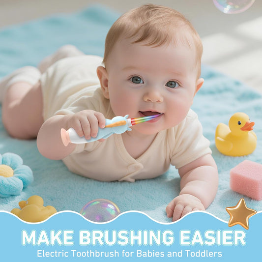 YUNCHI Toddler Electric Toothbrush Kids 0-3-6 Years, Baby Electric Toothbrush with Colorful LED Light, Battery Powered Toddler Toothbrush with 2 Minutes Timer 4 Brush Heads, Infant Toothbrush (Blue)