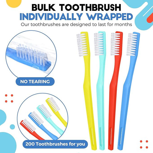 CHENGU 200 Pack Individually Wrapped Disposable Toothbrush Bulk Single Use Toothbrush with Soft Bristle for Women Men Adult Hotels Guest Travel Donation(Multicolor)