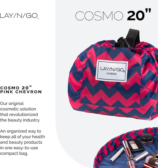 Lay-n-Go Cosmo Drawstring Cosmetic & Makeup Bag Organizer - Portable Drawstring Makeup Bag w/Zipper Pocket, Makeup Loops & More - Durable, Machine Washable Toiletry Bag (20", Pink Chevron)