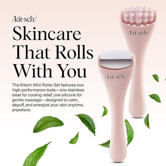 Kitsch Mini Facial Roller & Ice Face Roller Skin Care Tool Set for Women - Face Massager for Puffy Eyes, Cold Therapy, Lymphatic Drainage Massager, Self Care Gifts for Women & Men - Blush
