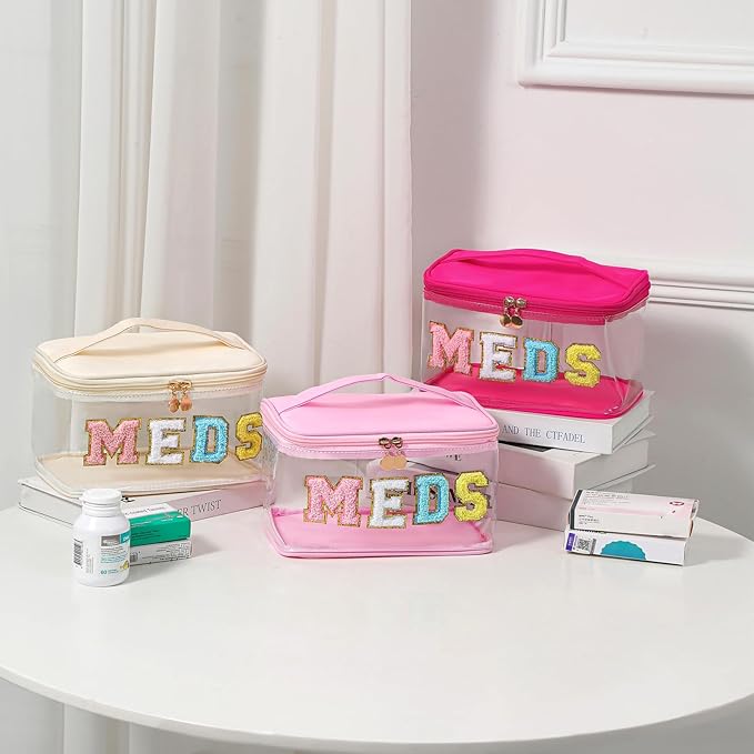 Large Waterproof Chenille Letter Medicine Clear Makeup Bag, Transparent PVC Nylon Preppy Patch Cosmetic Bag with Handle, Portable Meds First Aid Travel Organizer Cosmetic Bag (04MEDS-Light Pink)