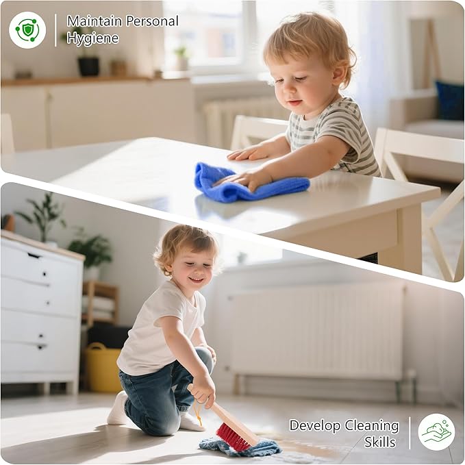 Wooden Kids Cleaning Set with Spray Mop, Montessori Cleaning Toys Real Water Sprayer and Toddler Broom Mop Set, Housework Pretend Play Toy Gift for Boys Girls Ages 3+