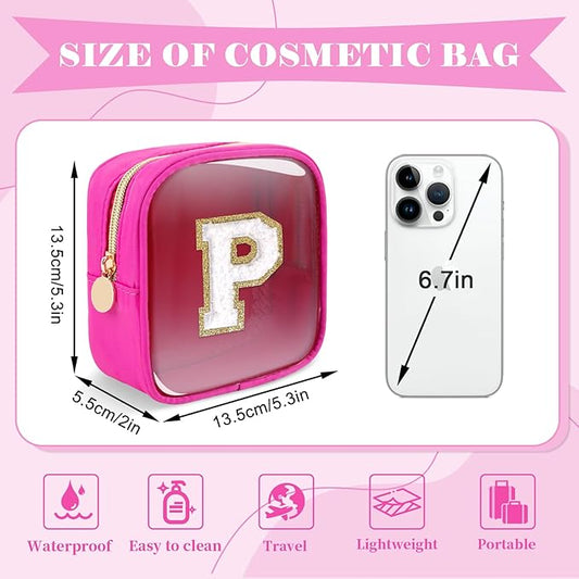 Personalized Initial Letter Clear Preppy Makeup Bag,Mini Nylon Chenille Letter Cosmetic Bag Cute Zipper Pouch Coin Purse for Teen Girls,Portable TSA Approved Travel Essentials Bag Gift for Women,P