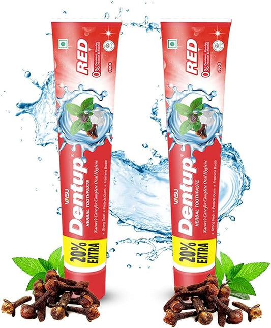 Vasu Dentup RED Herbal Toothpaste - Herbal Oral Care with Clove Oil & Mint - Fluoride-Free Natural Toothpaste for Daily Use - Fights Plaque, Freshens Breath, Soothes Gums - 5.03 fl.oz each (Pack of 2)