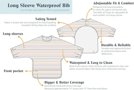 Loulou Lollipop Long Sleeve Mess Free Waterproof Bibs, for baby boys and girls 6-36 Months, Machine Washable, Travel Friendly