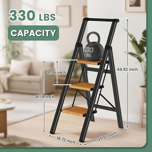 3 Step Ladder Folding Kitchen Step Stool for Adults, Ladders for Home