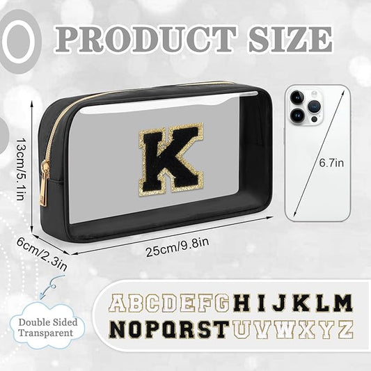 Small Clear Personalized Initial Makeup Bag,Nylon Preppy A-Z Chenille Letter Patch Cosmetic Pouch Beach Toiletry Bag,Waterproof Zipper Travel Purse Storage Bag Organizer for Women Girls(Black-Black K)
