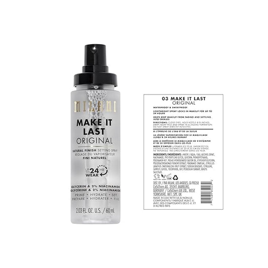 Milani Setting Spray + Primer, Make It Last Original - Natural Finish with Niacinamide for Hydration & Make It Last Matte- Oil Absorbing Charcoal Formula to Control Shine - 2 Pack