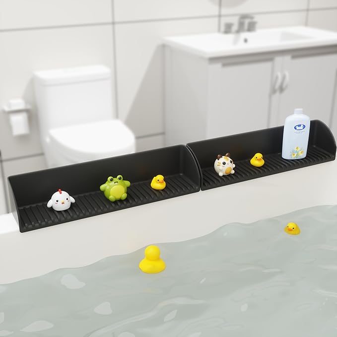 Bathtub Splash Guard for Tub - Silicone Tub Water Splash Guard with 4 Suction Cups, Bath Toy Tray Holder, Tub Shelf for Kids, Bathroom Accessories for Children, Toddler & Baby Bath, 1Pack, Black
