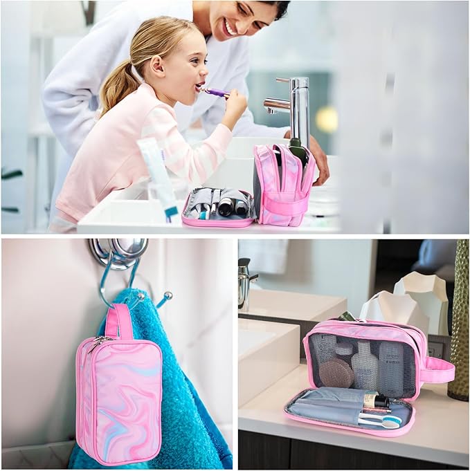 Pink Toiletry Bag for Girls, Travel Toiletry Bag for Teen Girls Cosmetic Bag Makeup Bag Waterproof Hanging Wash Bag Kids Toiletries